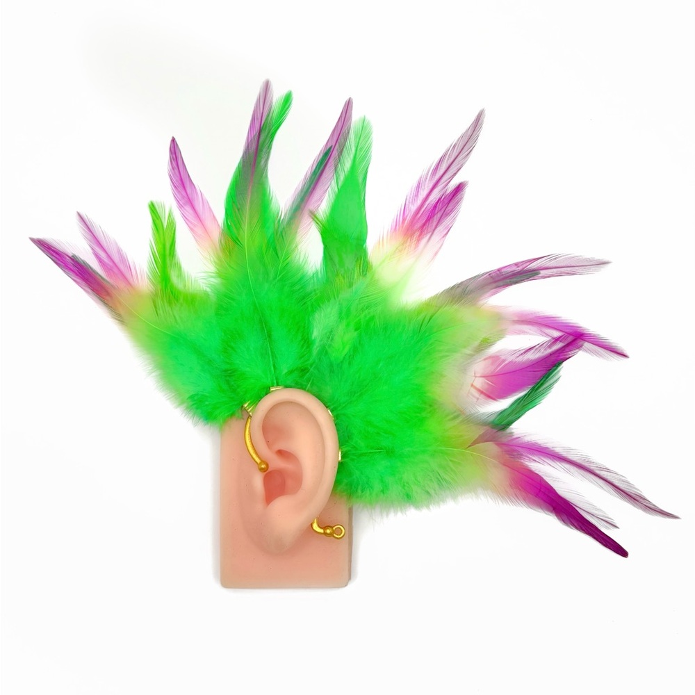 Vibrant Green and Purple Feather Ear Cuff - no piece, pierce free earring